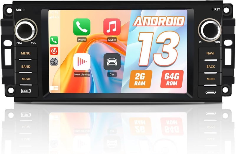 Pyniro Android 13 [2GB+64GB] Car Stereo for Jeep Wrangler/for Dodge Ram 1500/2500/3500 Car Radio with Touchscreen Support Wireless Carplay/Android Auto/Bluetooth/USB/SWC/Backup Camera(Included) - Image 1